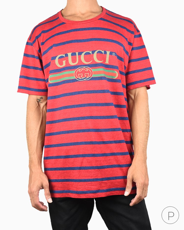 Camiseta Gucci Original Listrada Vermelha e Azul Masculina